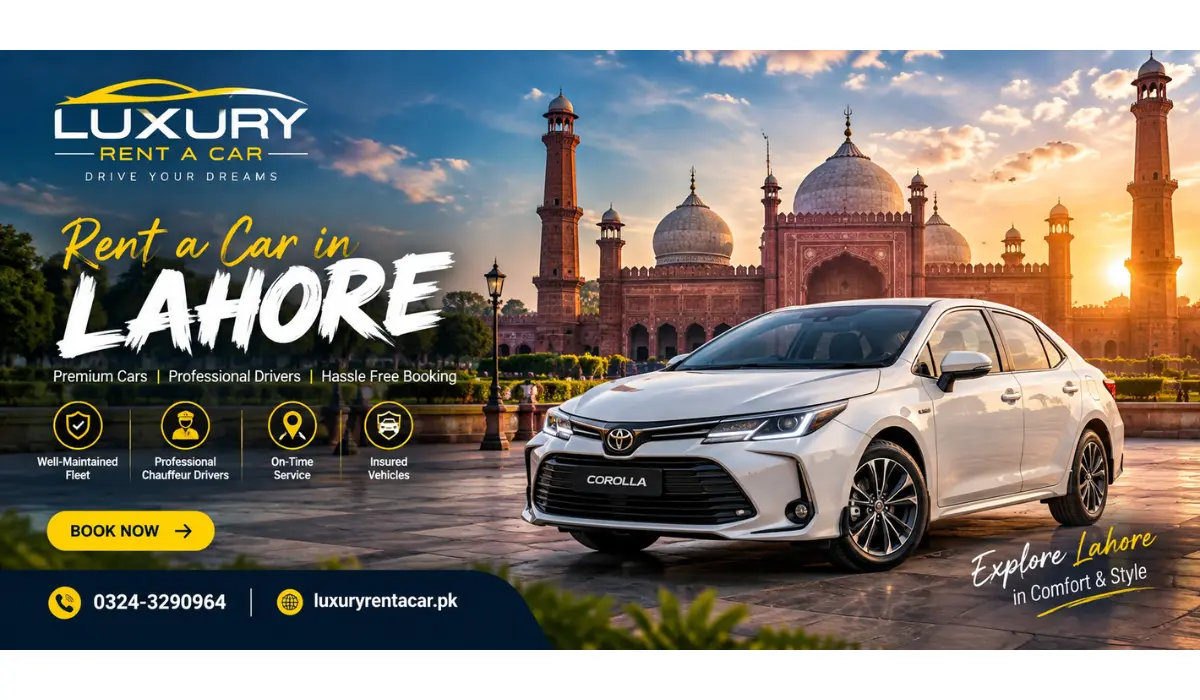 Rent a car in Lahore - White Toyota Corolla with professional driver, Badshahi Mosque backdrop, Lahore car rental service